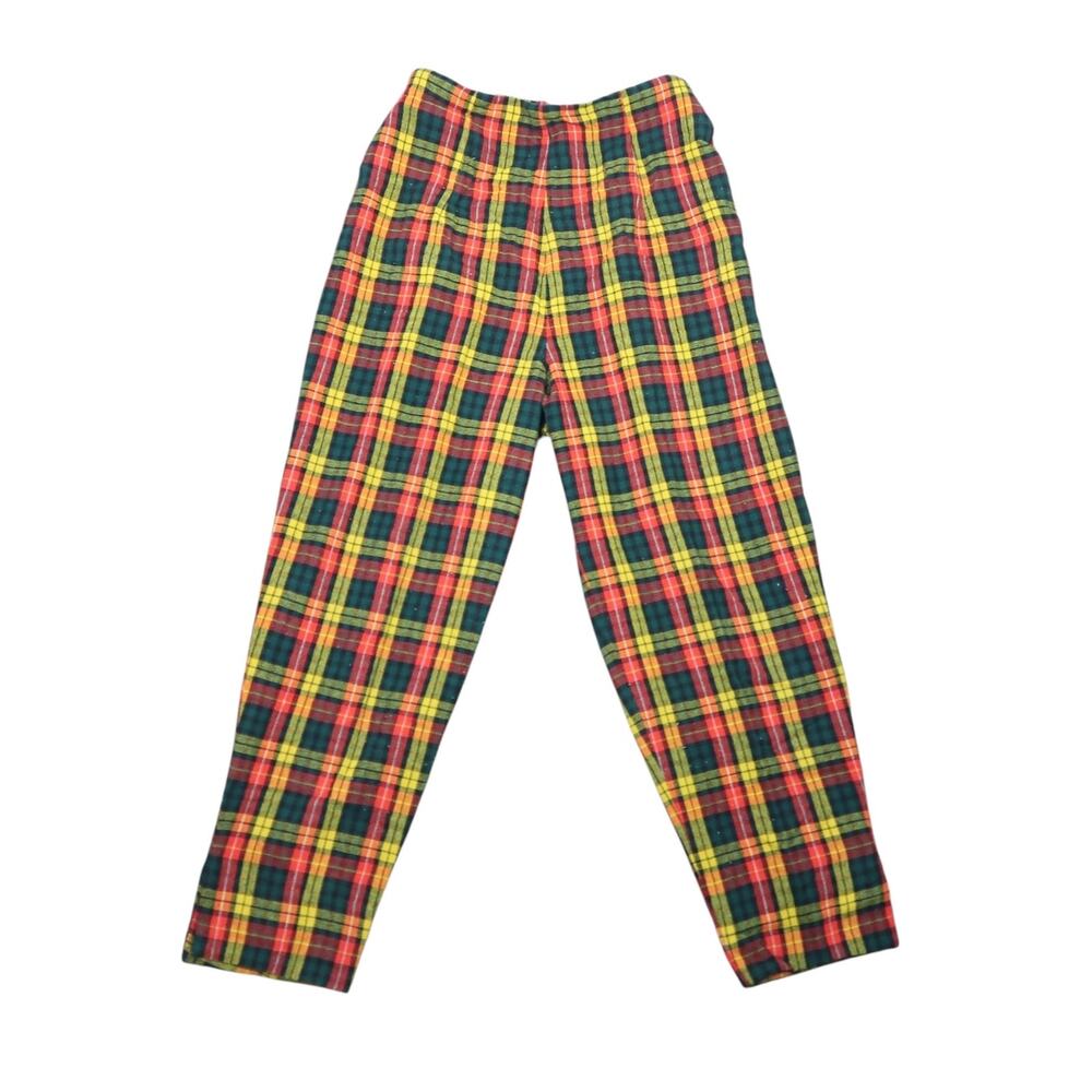 Vintage 70s Green Red Yellow Plaid Wool High Rise Straight Leg Pants 25"